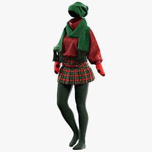 female Christmas outfit with texture and smart material 3D model