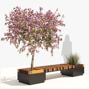 Wood Bench with Peach Flower  Grass Planter 3D model