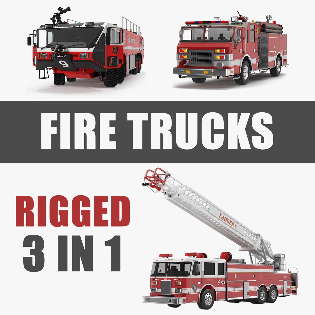 Rigged Fire Trucks 3D Models Collection 3 3D model preview