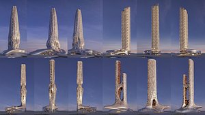 Futuristic building collection 4x 10 3D model