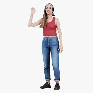 Woman in Baggy Jeans Red Top Waving Remastered 3D model