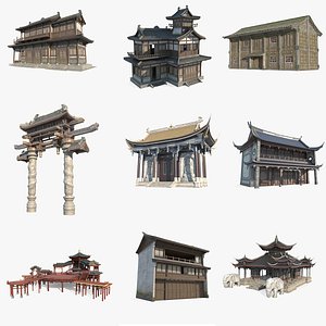 3D Ancient Asian urban architecture houses and buildings