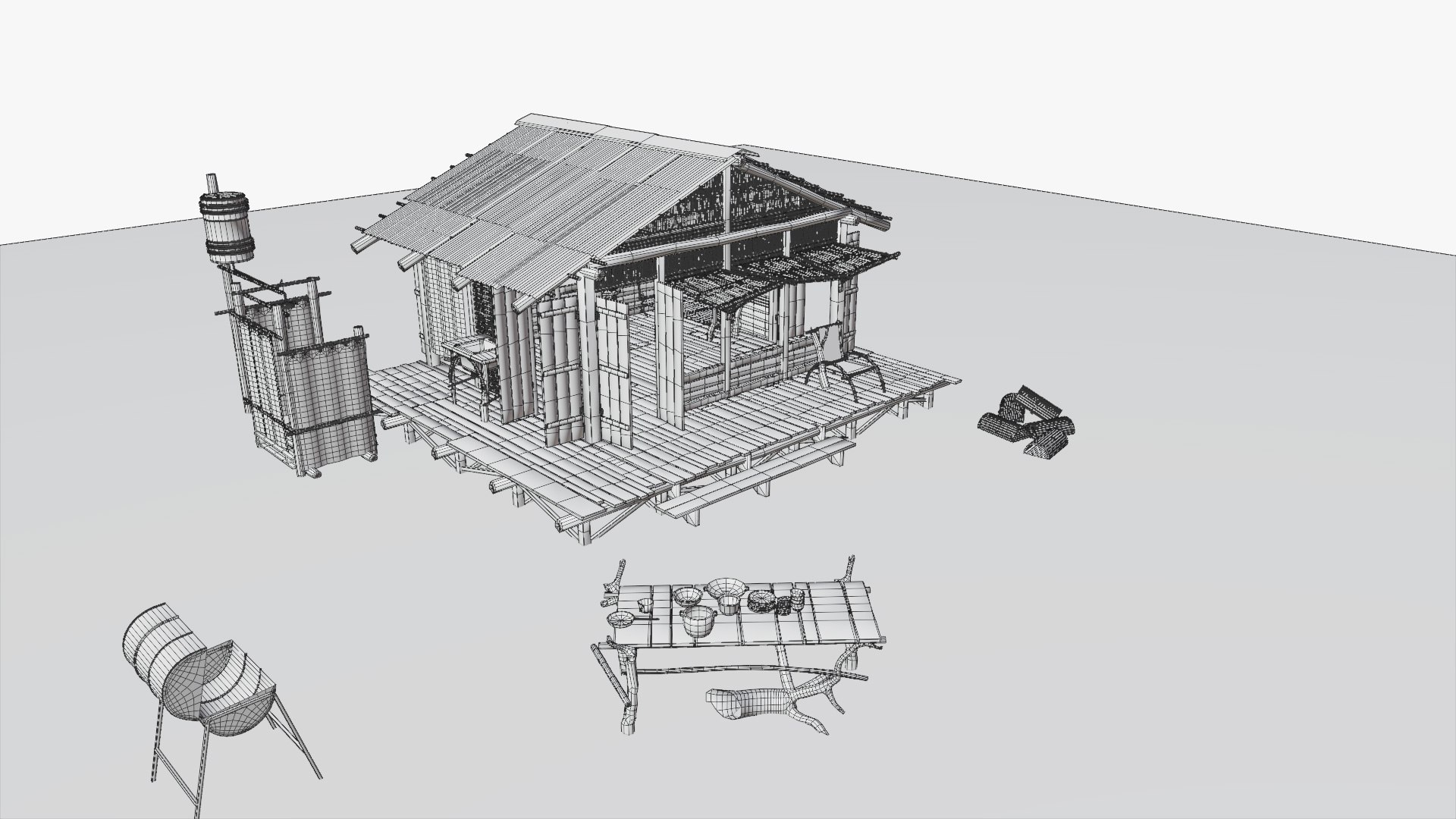 tropical island hut 3D model https://p.turbosquid.com/ts-thumb/5X/fVD1G7/IGeFy0xM/wireframe_00000/jpg/1588020693/1920x1080/fit_q87/f188194c3d0ef7cd5b1894e1cc44281e96386f2c/wireframe_00000.jpg