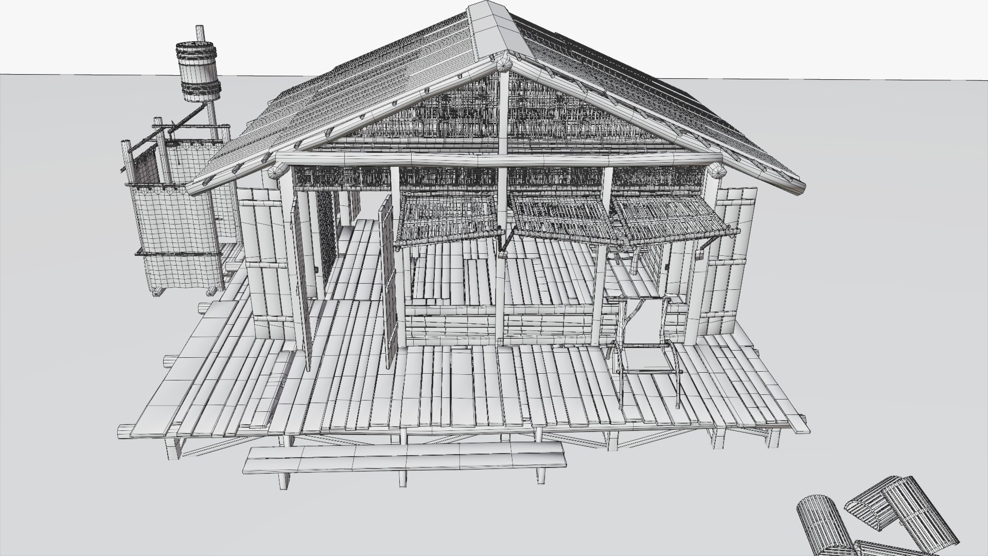 tropical island hut 3D model https://p.turbosquid.com/ts-thumb/5X/fVD1G7/UXUHBOhS/wireframe_00009/jpg/1588020694/1920x1080/fit_q87/7246426c2fa739308498a877599c8847e0056dc8/wireframe_00009.jpg