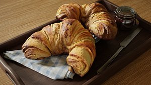 Croissants full set with Tray Knife Jar and Napkin 3D model