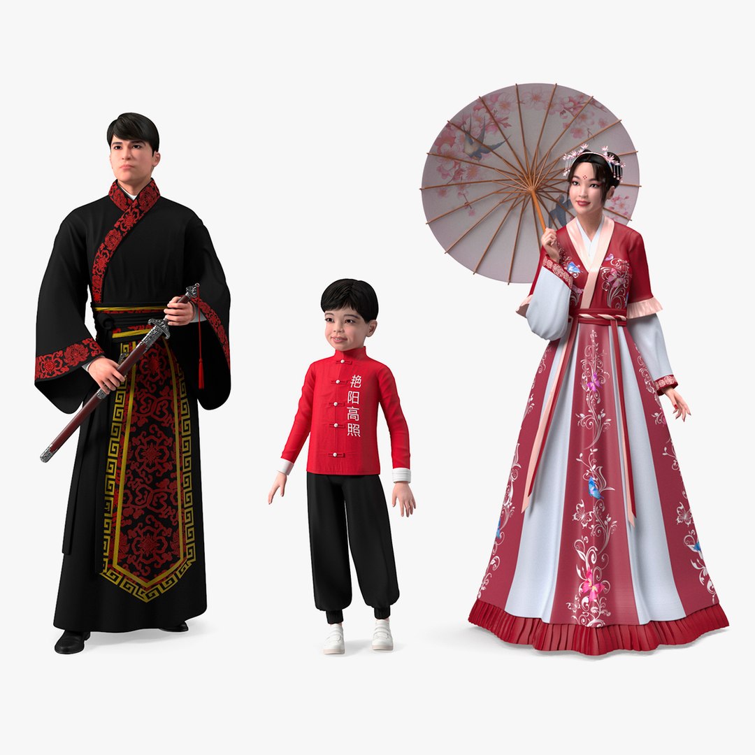 Traditional Style Chinese Man Woman and Boy Collection 3D model preview