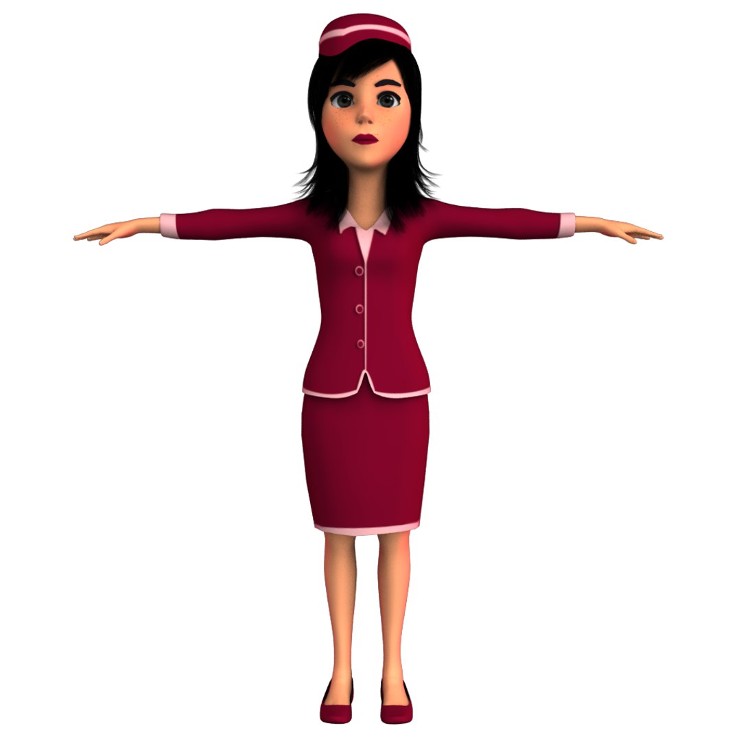 cartoon air hostess 3D https://p.turbosquid.com/ts-thumb/5Z/NIzLfC/QJn47CmW/6_girl_air_hostes_rigg_skinbind.0008/png/1513501635/1920x1080/fit_q87/570ba2326cbac3e779b49b2332f6b2dfebc60f2e/6_girl_air_hostes_rigg_skinbind.0008.jpg