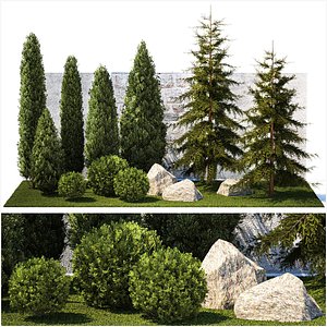 Garden with trees and bushes thuja cypress spruce and pine 1385 3D