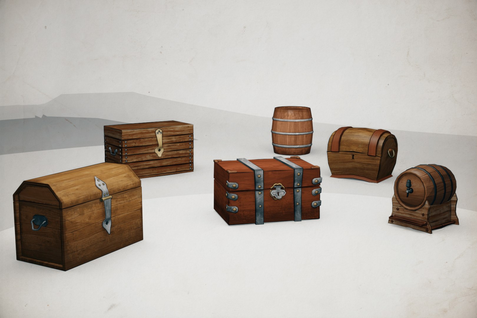 3D model chests trunks barrel https://p.turbosquid.com/ts-thumb/5c/BvChil/GDrqWbbg/cheststrunks_01toon/jpg/1562020155/1920x1080/fit_q87/f0a3157e4029a9f5de29edef7e31acc45ada18fd/cheststrunks_01toon.jpg