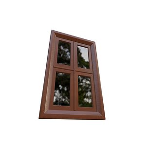 3D Brown Wooden Window with Four Glass Panes model