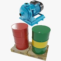 Centrifugal Water Pump and Metal Barrels on Pallets 3D Model Bundle