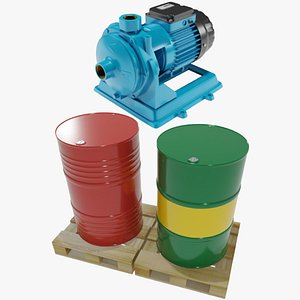 Centrifugal Water Pump and Metal Barrels on Pallets 3D Model Bundle
