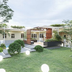 3D Pergola outdoor gazebo with landscape