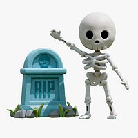 Stylized Cartoon Skeleton Character with Tombstone