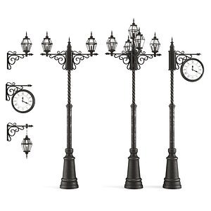 3d model set of old street lamps and clocks