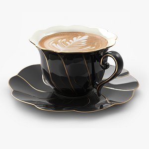 3D Black Porcelain Latte Cup with Saucer