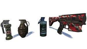3D Weapon and Grenade Pack Pistol with Camo Skin Smoke Frag Grenades Flashbang