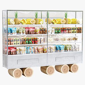 Showcase in a supermarket with food and drinks 3D