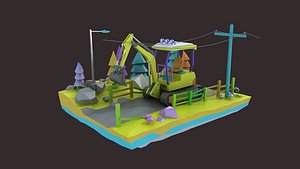 3D Cartoon diggers Low Poly Excavator model