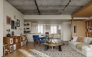 Japandi Loft Interior with Warm Wood Accents and Open Layout