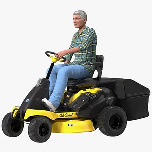 Man on Riding Lawn Mower with Bagger Cub Cadet CC30E Rigged for Maya 3D