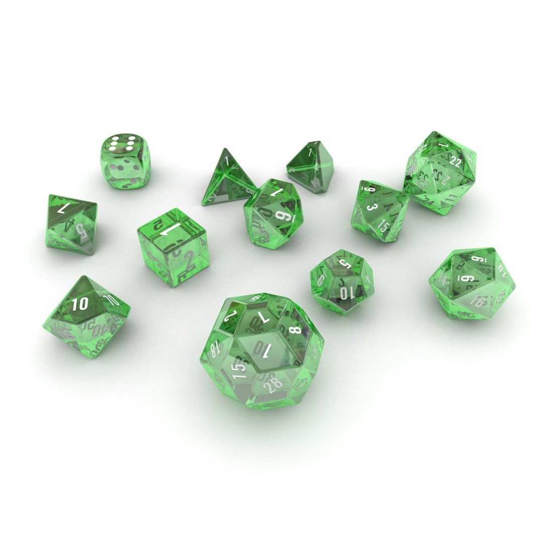 polyhedral dice set - 3d max https://p.turbosquid.com/ts-thumb/5m/6Fn5ec/fmxwd5y7/dice_green_glass_04/jpg/1466456281/1920x1080/fit_q87/bce283deeec0de50a7c3ca1ad3ff4b6eff06a35c/dice_green_glass_04.jpg