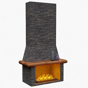 3D Brick gas fireplace with wood shelf and two jugs