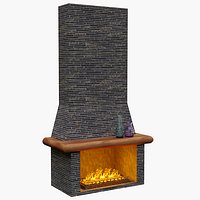 Brick gas fireplace with wood shelf and two jugs