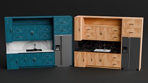 Modular Kitchen Cabinet Set with Refrigerator 3D model