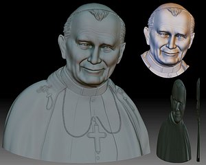 3D Pope John Paul II portrait low relief for CNC router or 3D printer