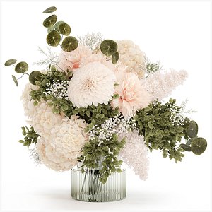 3D Small Bouquet In Vase Hydrangea Chrysanthem Lilac 579
