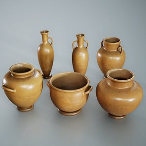 3D Set of 6 Clay Pots