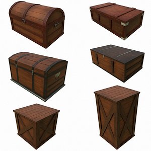 Set of 6 Medieval Wooden Chests and Crates