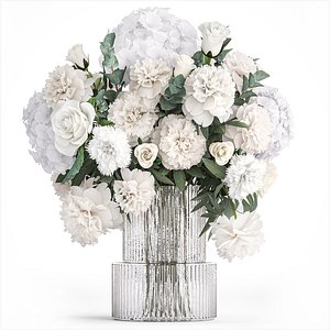 3D Bouquet of white flowers hydrangea carnation peony vase 389