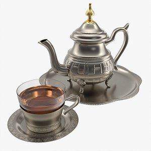 3D Silver Teapot and Cup with Tea
