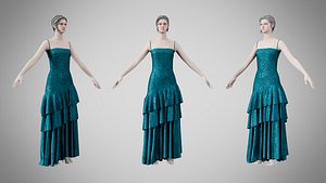 Dress 39 Teal Velvet With Design 3D model