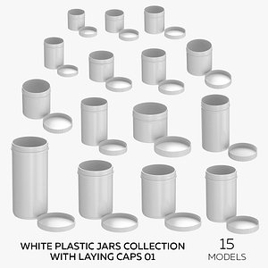 3D White Plastic Jars Collection With Laying Caps 01 - 15 models