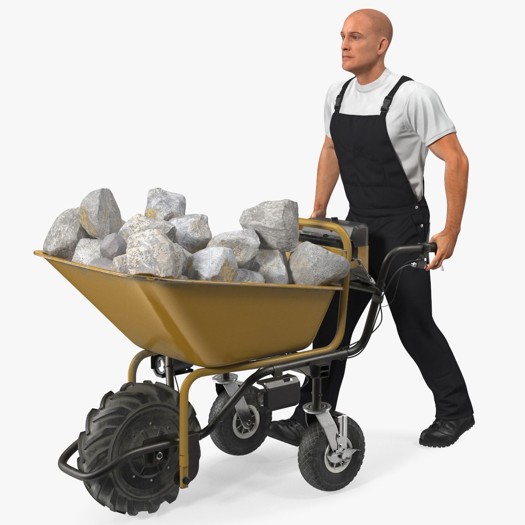 Worker with Electric Wheelbarrow with Stones 3D model preview
