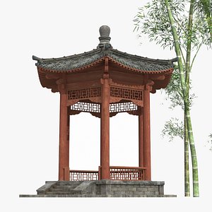 3D Red Pavilion of ancient Asian Architecture