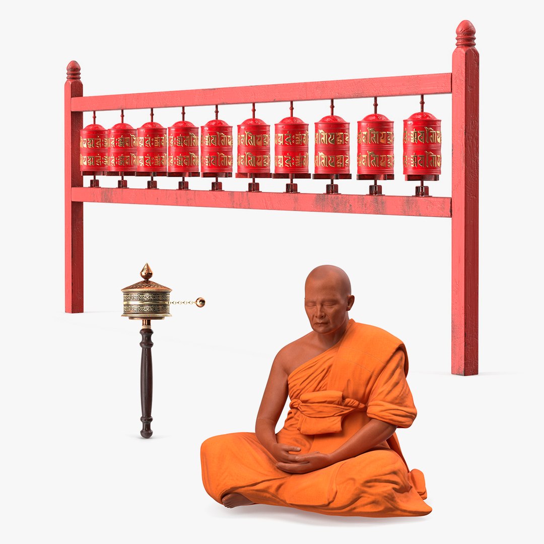 Buddhist Monk with Prayer Wheels Collection 2 3D model preview