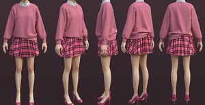 3D model plaid pleated mini skirt and sweater  cardigan - school uniform outfit