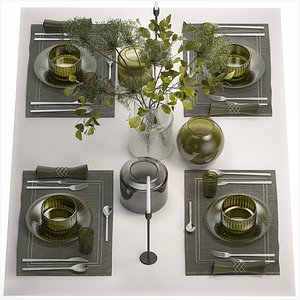 3D Table Setting For 4 Persons With A Bouquet