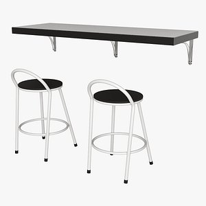 Modern Wall Mounted Counter Table with Two Metal Bar Stools 3D model