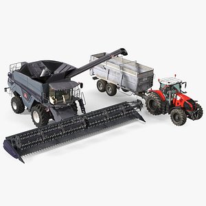 Harvester Massey Ferguson with Tractor with Agricultural Trailer 3D model