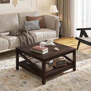 Dark Wood Square Coffee Table with Lower Storage Shelf