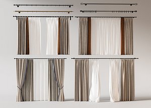 Double Panel Curtains Set Curtain Rod 3D model