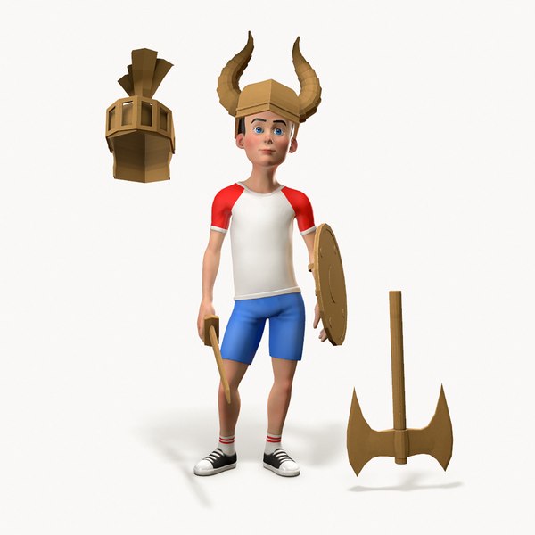 3D stylized character cardboard weapons