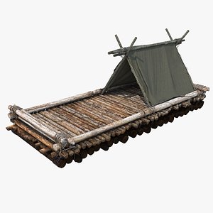 Wooden Log Raft with Hut