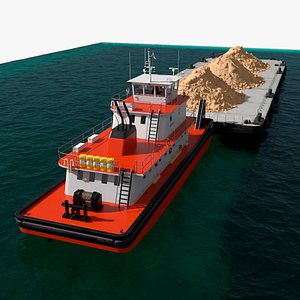 Push Boat Ship with Pontoon Barge with Sand on Water