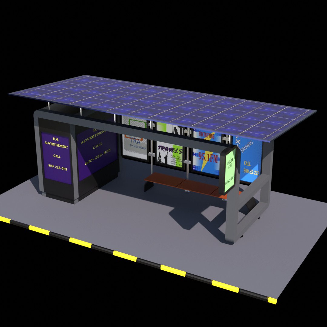 Solar panel Covered Modern Bus stop Low-poly 3D https://p.turbosquid.com/ts-thumb/67/Yf35th/lP/solar_bus_stop1_02/jpg/1755861460/1920x1080/fit_q87/43efb262f54d294cd8e85faacc2e0565ed5d0423/solar_bus_stop1_02.jpg